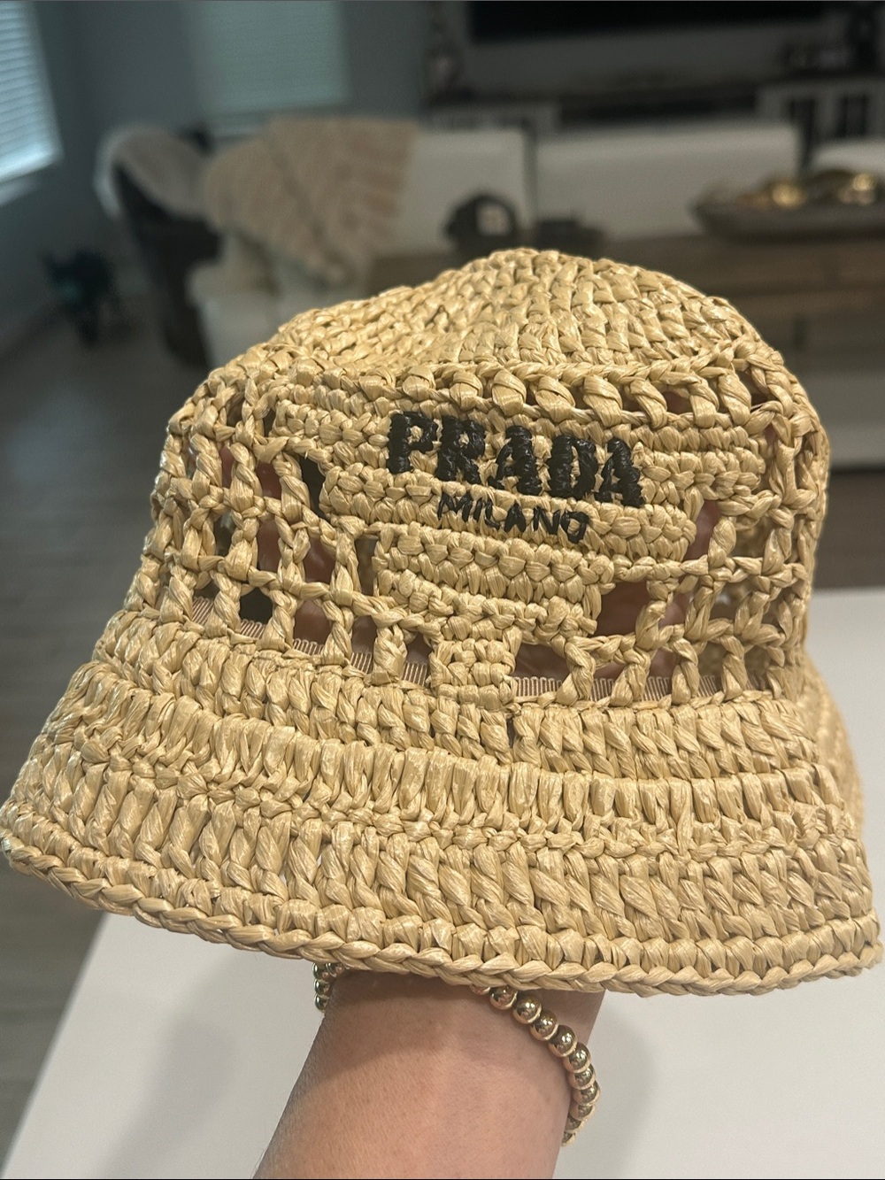 Prada Natural Straw Bucket Hat with Black Satin Logo Tag - Picture 5 of 6